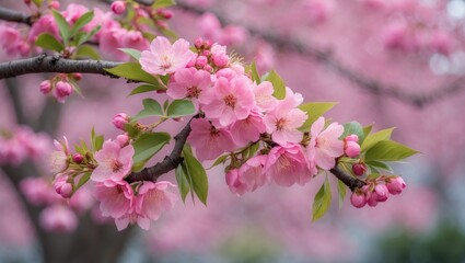 Poster - Delicate pink flowers embellish a branch, embodying the essence of renewal and natural beauty.