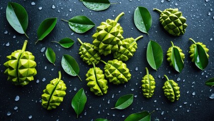 Fototapete - Durian leaves lie on rain-soaked asphalt after the downpour. Their vibrant green color beautifully contrasts with the shimmering surface, symbolizing nature's resilience and renewal following rainf...