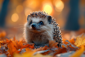 Wall Mural - a hedgehog curled into a spiky ball under fallen autumn leaves. concept of self-protection and woodl