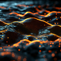 Wall Mural - abstract digital landscape of glowing orange particles over a dark blue surface. ideal for represent