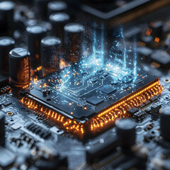 Wall Mural - high-tech image showing a cpu circuit board with digital energy emitting and flowing. suggesting the