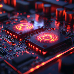 Wall Mural - a futuristic computer circuit board glows with red energy. ideal for tech presentations or cyberpunk