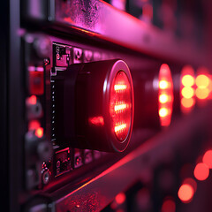 Wall Mural - close-up of a dark electronic panel illuminated with red lights suggesting data server equipment. su