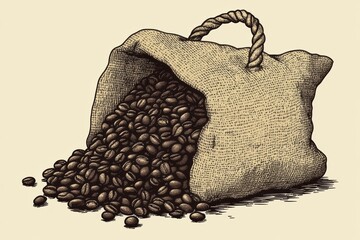 Poster - Burlap sack overflowing with fresh roasted coffee beans showcasing the essence of coffee production and trade