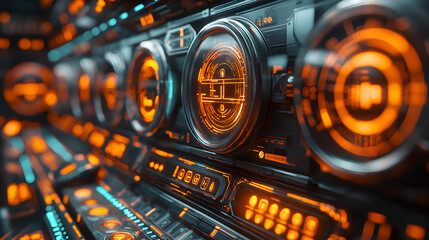 Wall Mural - futuristic control panel with glowing orange and teal lights. ideal for game interfaces sci-fi desig