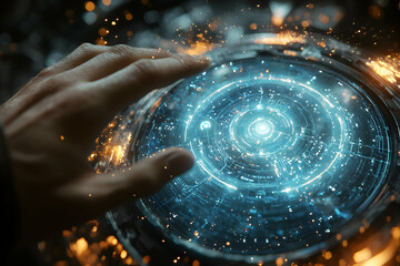 Wall Mural - a hand touches a glowing technological orb. the image suggests a futuristic interface or portal. per