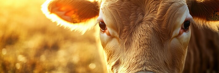 Aufkleber - Close-up of a cows face showcasing soft fur textures and warm sunlight in a serene rural farm setting