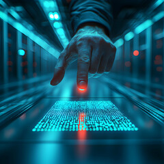 Wall Mural - a hand touches a glowing interface in a futuristic data center. this image evokes technology innovat