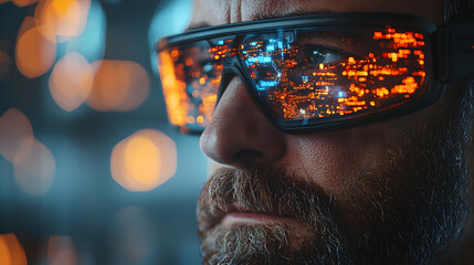 Wall Mural - a close-up of a man wearing futuristic glasses reflecting digital data. suggests augmented reality o