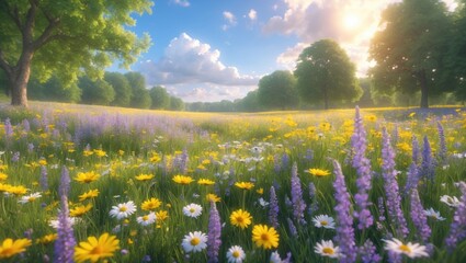 Wall Mural - a stunning, sunlit spring summer meadow. a vibrant panoramic natural landscape featuring abundant wi