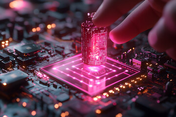 Wall Mural - a futuristic image showing a hand interacting with a glowing digital cylinder on a circuit board. it