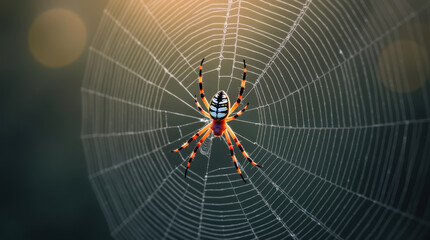 A close-up of a spider sitting on its ornate web with a glowing sunrise backdrop, symbolizing nature's artistry and the marvel of intricate ecosystems