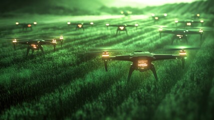 Aufkleber - Futuristic drones scan green agricultural field with glowing sensors during the day