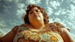 © janti - Portrait of a Confident Woman in Floral Top Against a Blue Sky with Wispy Clouds