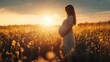 © attar - Pregnant Woman in White Dress Silhouetted Against a Golden Sunset in a Flower Field