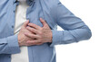 © New Africa - Heart attack. Senior man suffering from pain in chest on white background, closeup