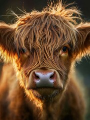 Aufkleber - Close-up of a cows face with soft fur textures illuminated by warm sunlight in a rural farm setting