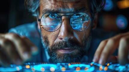 Focused man interacting with holographic interface at night