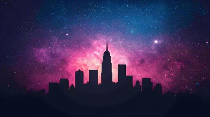 Wall Mural - cityscape silhouette against vibrant night sky with stars and nebula