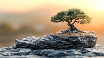 Poster - Miniature bonsai tree on a rock at sunset.
