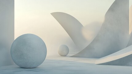 Poster - Minimalist abstract 3D rendering of white spheres and curved shapes in a foggy, bright space.