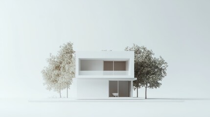 Aufkleber - Minimalist modern house model with trees, architectural rendering.