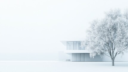 Aufkleber - Minimalist white house and snow-covered tree in a winter landscape.