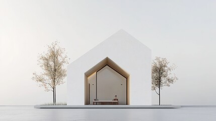 Aufkleber - Minimalist white house with open entrance, two trees, and a simple interior visible.