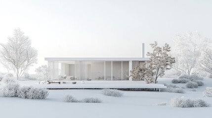 Aufkleber - Minimalist white modern house architectural rendering with surrounding trees and shrubs.
