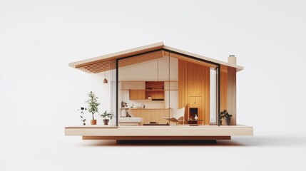Aufkleber - Minimalist wooden house model showcasing interior design, open plan living space with natural light and plants.