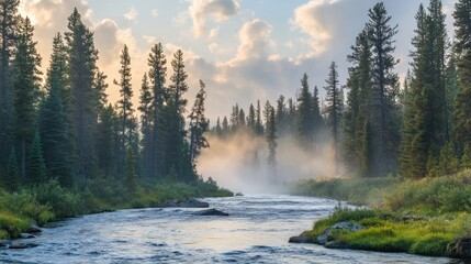 Poster - Misty sunrise over a river flowing through a lush evergreen forest.