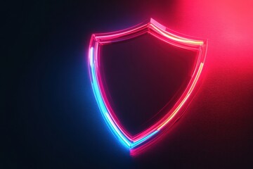 Poster - Glowing shield symbol representing digital security with neon lights in a futuristic setting focusing on safety and protection concepts