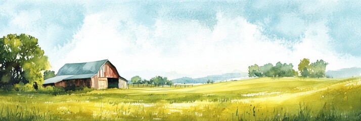 Poster - Delicate watercolor painting of a tranquil traditional farm with rustic barn and green fields under a soft blue sky evoking nostalgia