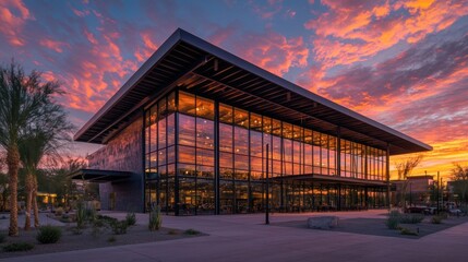 Poster - Modern glass building at sunset with vibrant sky, desert landscaping.