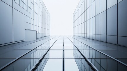 Aufkleber - Modern glass buildings create a bright, reflective pathway perspective.