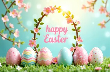 Wall Mural - Easter-themed egg-shape digital decorative frame with text inside. frame is adorned with spring pastel flowers, leaves, and branches. Inside frame is text “HAPPY EASTER” 
