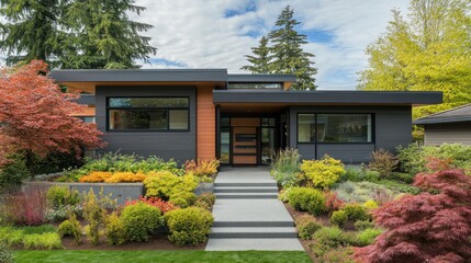 Aufkleber - Modern home exterior with landscaped garden, showcasing grey siding, wooden accents, and stone pathway.