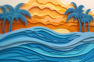 Aufkleber - Dreamy tropical island with palm trees and blue waves during a golden sunset in layered paper cut style