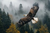 Majestic bald eagle in flight, wings spread wide against a misty forest backdrop. A breathtaking display of power and grace.