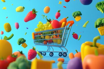 Poster - Fruits and vegetables race to a shopping cart in a vibrant, energetic cartoon adventure filled with excitement and color