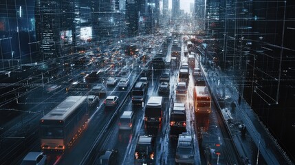 Poster - A digital network overlay on traffic, showcasing a fleet management system in action, optimizing efficiency and logistics in a bustling city