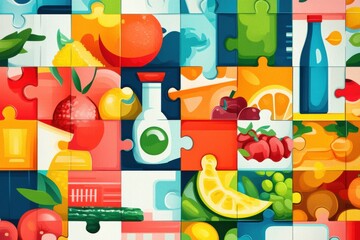 Aufkleber - Fresh groceries come together in a puzzle design, showcasing a vibrant and complete shopping experience with modern colors