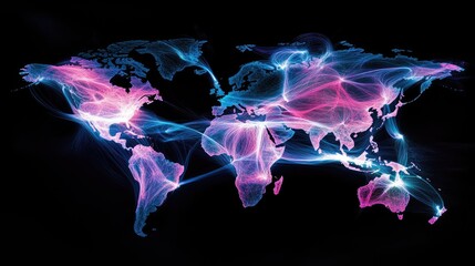 Poster - A glowing fiber optic world map, representing global communication and connectivity with dynamic, interconnected lines across continents