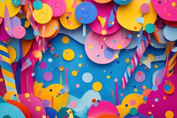 Poster - Celebrate with vibrant confetti and colorful paper cut decorations for an unforgettable party atmosphere