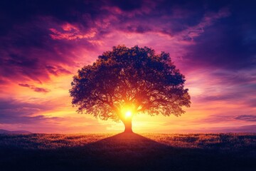 Fototapete - Dramatic sunset over a lone tree in a rural landscape with golden hues blending into purple twilight