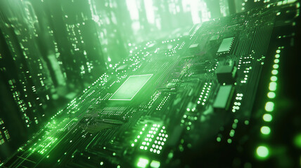 Wall Mural - detailed macro view of green circuit board highlighting precise electronic components