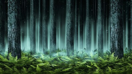 Wall Mural - Mystical Foggy Forest  Enchanting Ferns  Pine Trees  Night Scene  Nature Background