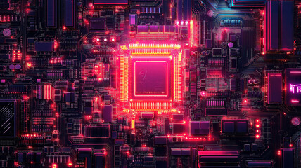 Computer electronic circuit depicted in an abstract background emphasizing digital connections