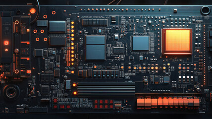 Wall Mural - close-up of a computer board featuring chips and components showcasing advanced tech design