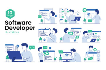 Programming Illustration Set. Different characters working on web and application development on computers. Software developers. Flat vector style illustrations